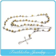 Mode Beckham Jesus Kreuz zwei Ton 6mm vergoldet und Stahl Perlen Rosenkranz Edelstahl Anhänger Halskette